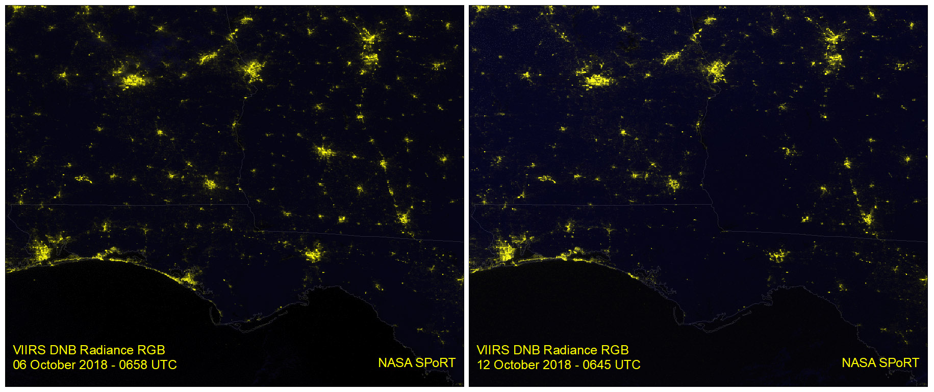 Satellite view of power outages across the Florida Panhandle after Hurricane Michael